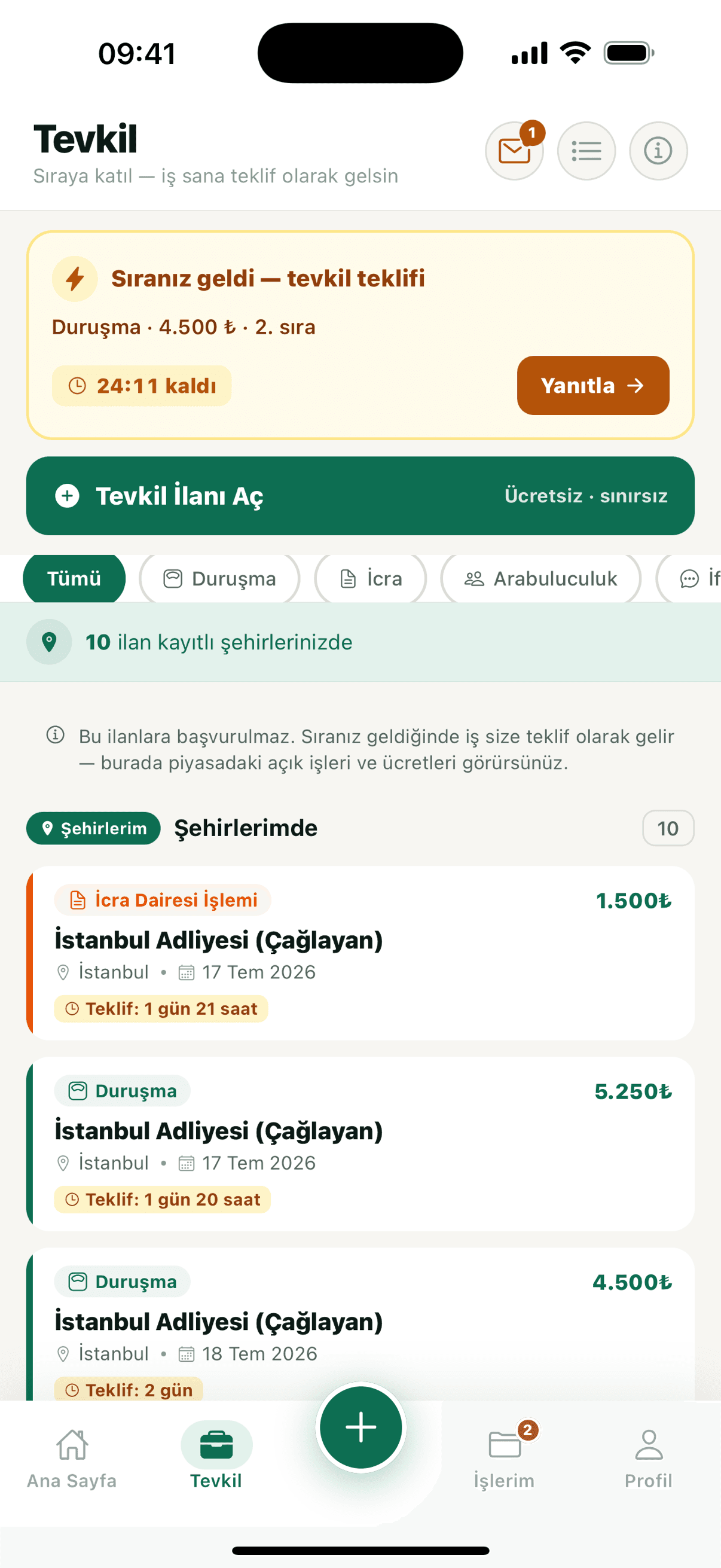 TevkilCep tevkil ilanları ekranı — yakın adliyede iş bul